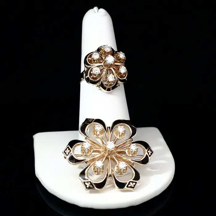 14k Yellow Gold Diamond & Black Enamel Ring