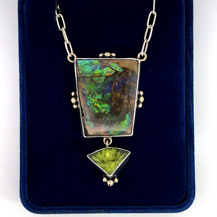 Custom Ammolite & Peridot Necklace in 14k & Sterling Silver