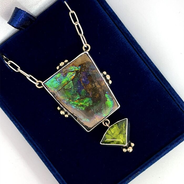 Custom Ammolite & Peridot Necklace in 14k & Sterling Silver - Image 2