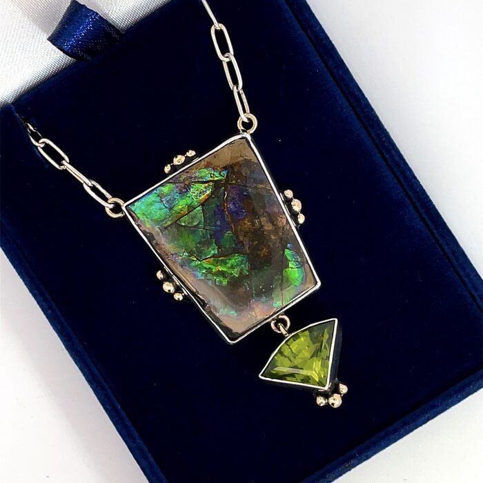 Custom Ammolite & Peridot Necklace in 14k & Sterling Silver - Image 5