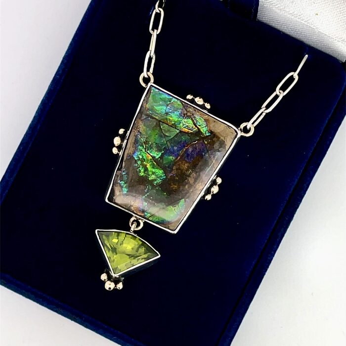 Custom Ammolite & Peridot Necklace in 14k & Sterling Silver - Image 3