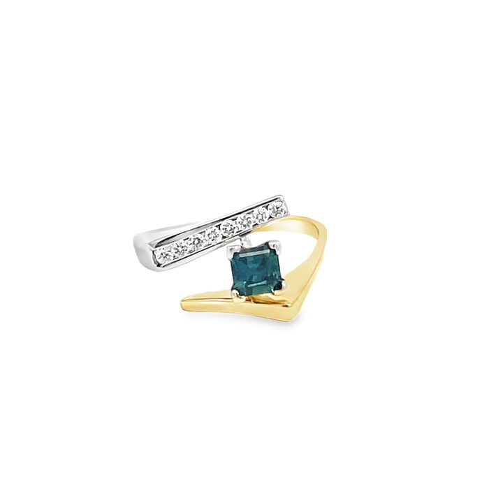 Modern Two-Tone Square Cut Blue Sapphire Ring in 14k
