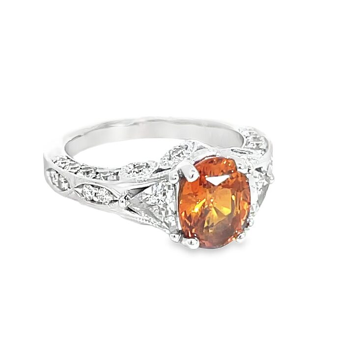 14k White Gold Natural Orange Sapphire & Diamond Ring - Image 2