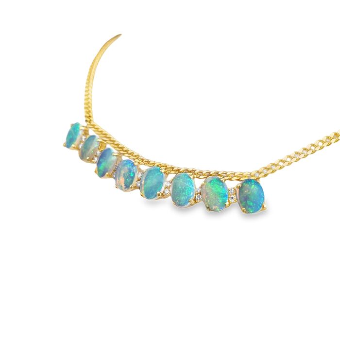 14k Yellow Gold 8 Oval-Cut Opal & Diamond Necklace - Image 4