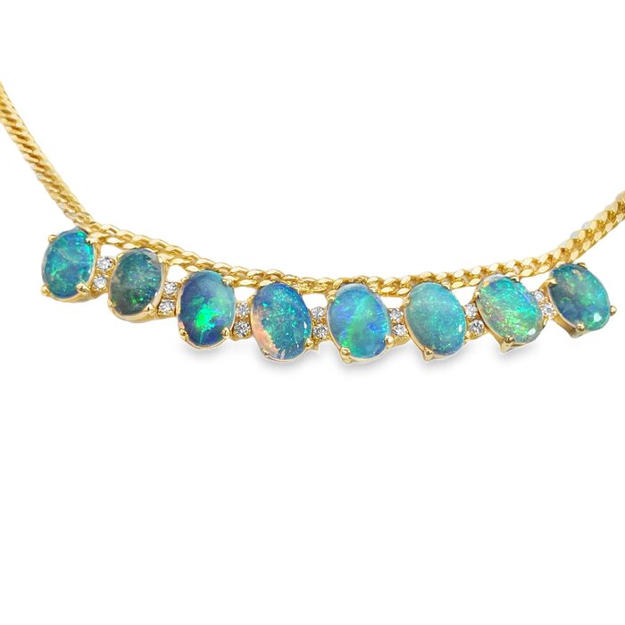 14k Yellow Gold 8 Oval-Cut Opal & Diamond Necklace - Image 2