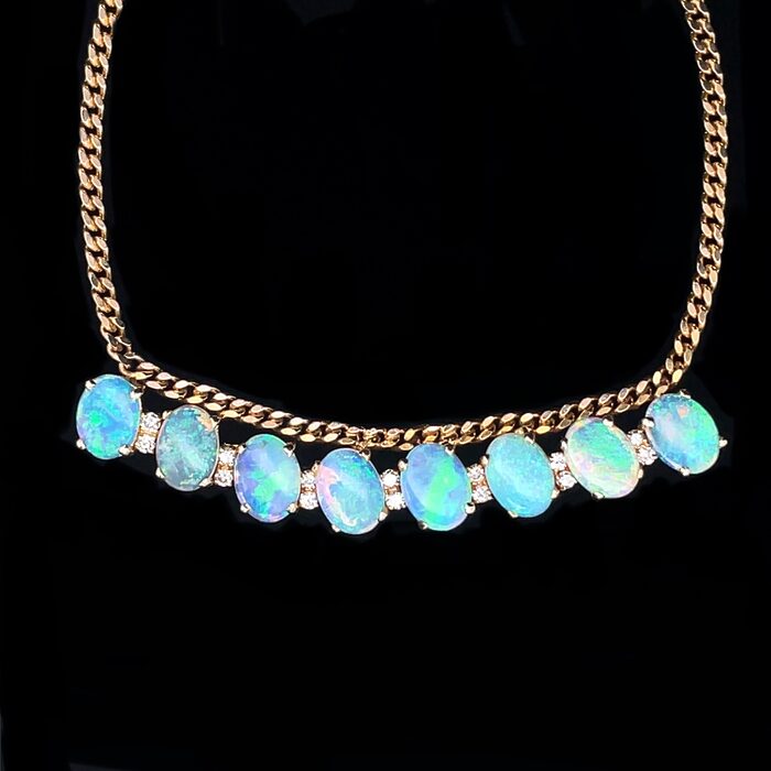 14k Yellow Gold 8 Oval-Cut Opal & Diamond Necklace