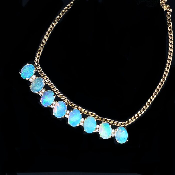 14k Yellow Gold 8 Oval-Cut Opal & Diamond Necklace - Image 5