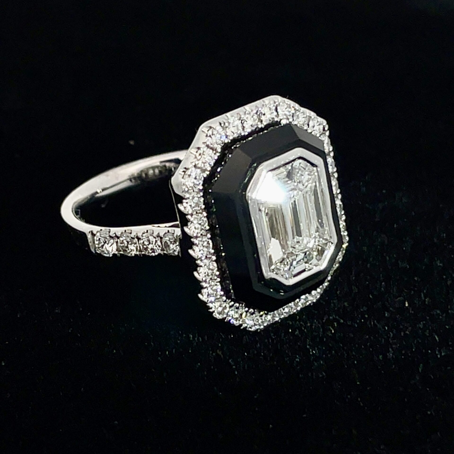 14k White Gold Mosaic Halo Diamond & Black Onyx Ring - Image 2