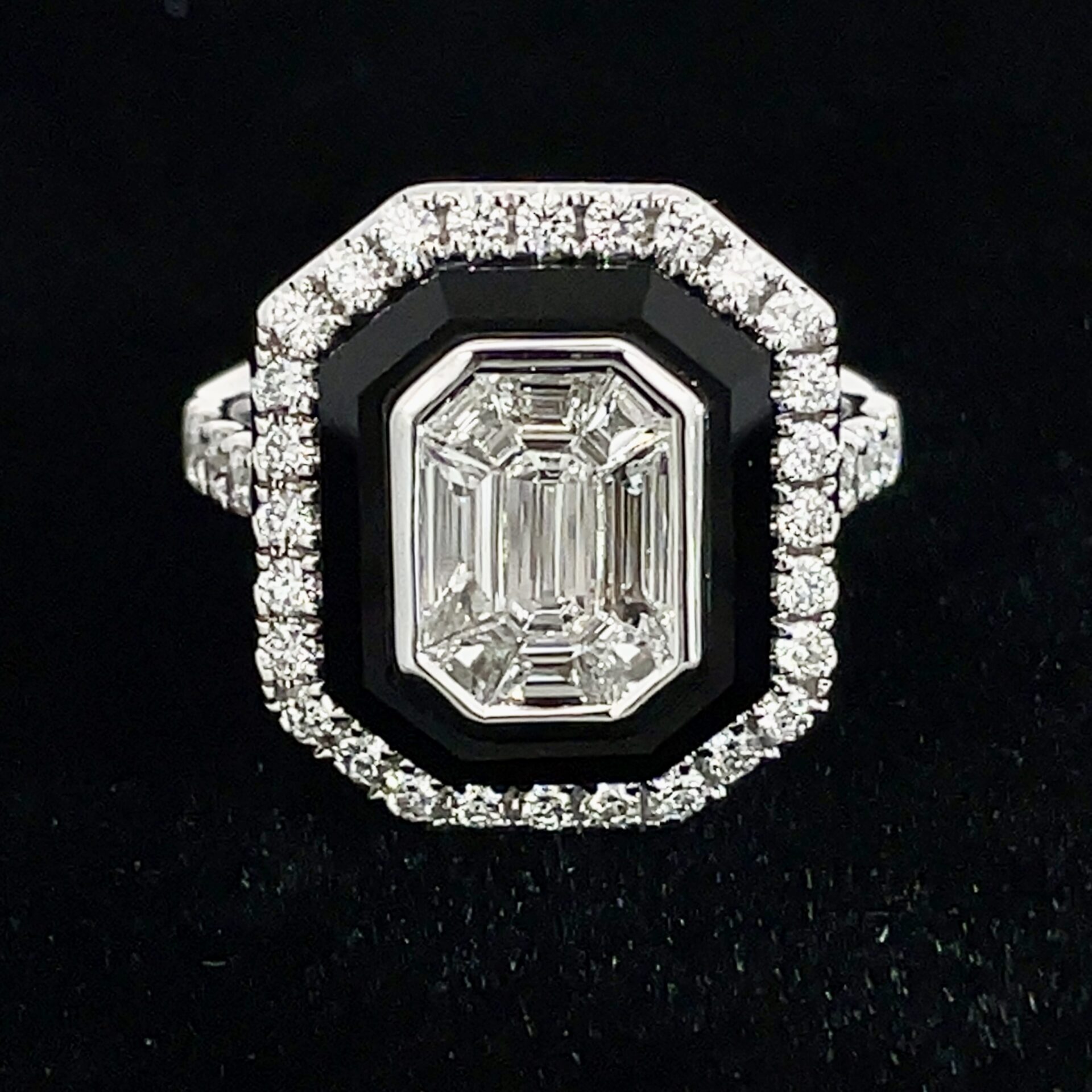 14k White Gold Mosaic Halo Diamond & Black Onyx Ring - Image 3