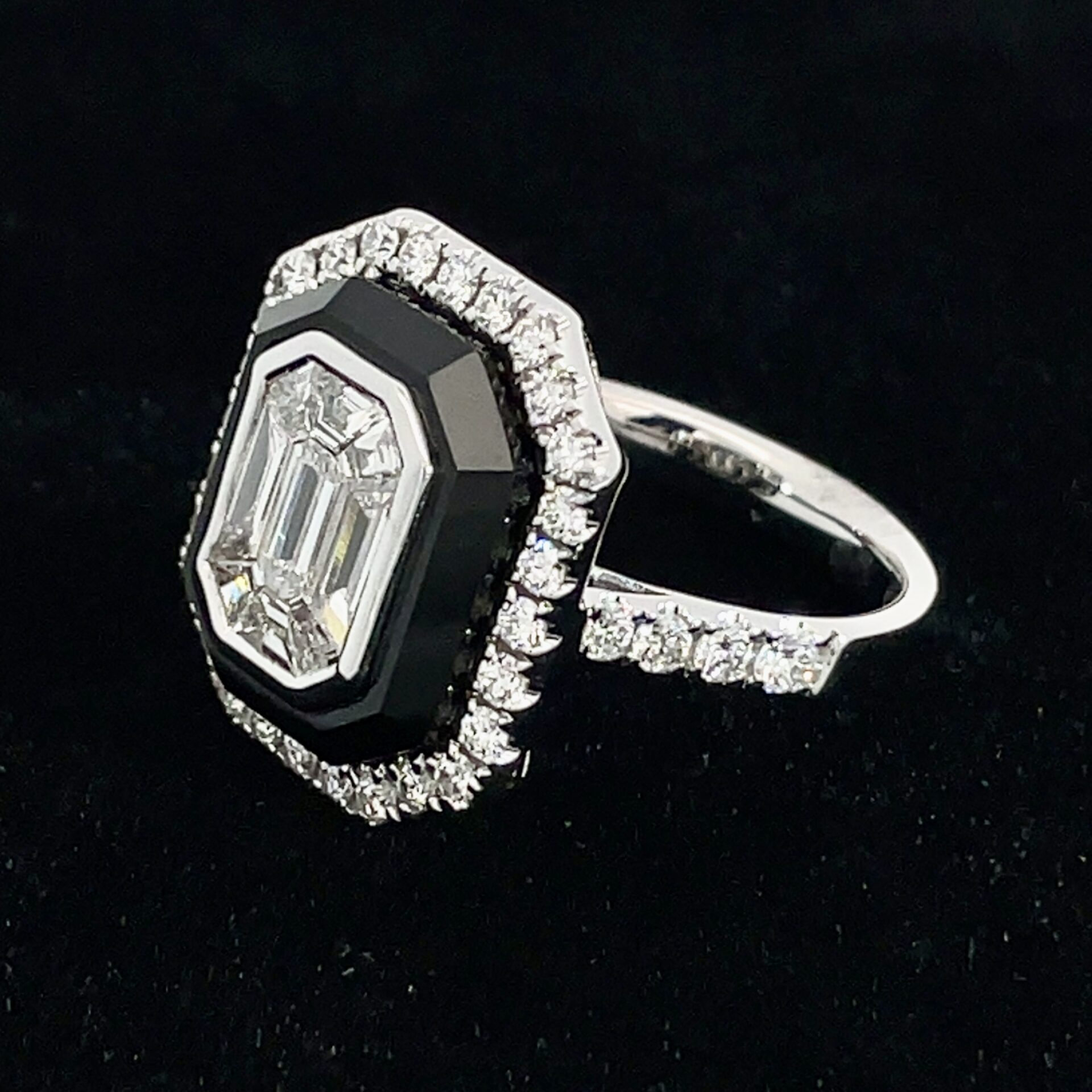14k White Gold Mosaic Halo Diamond & Black Onyx Ring - Image 4