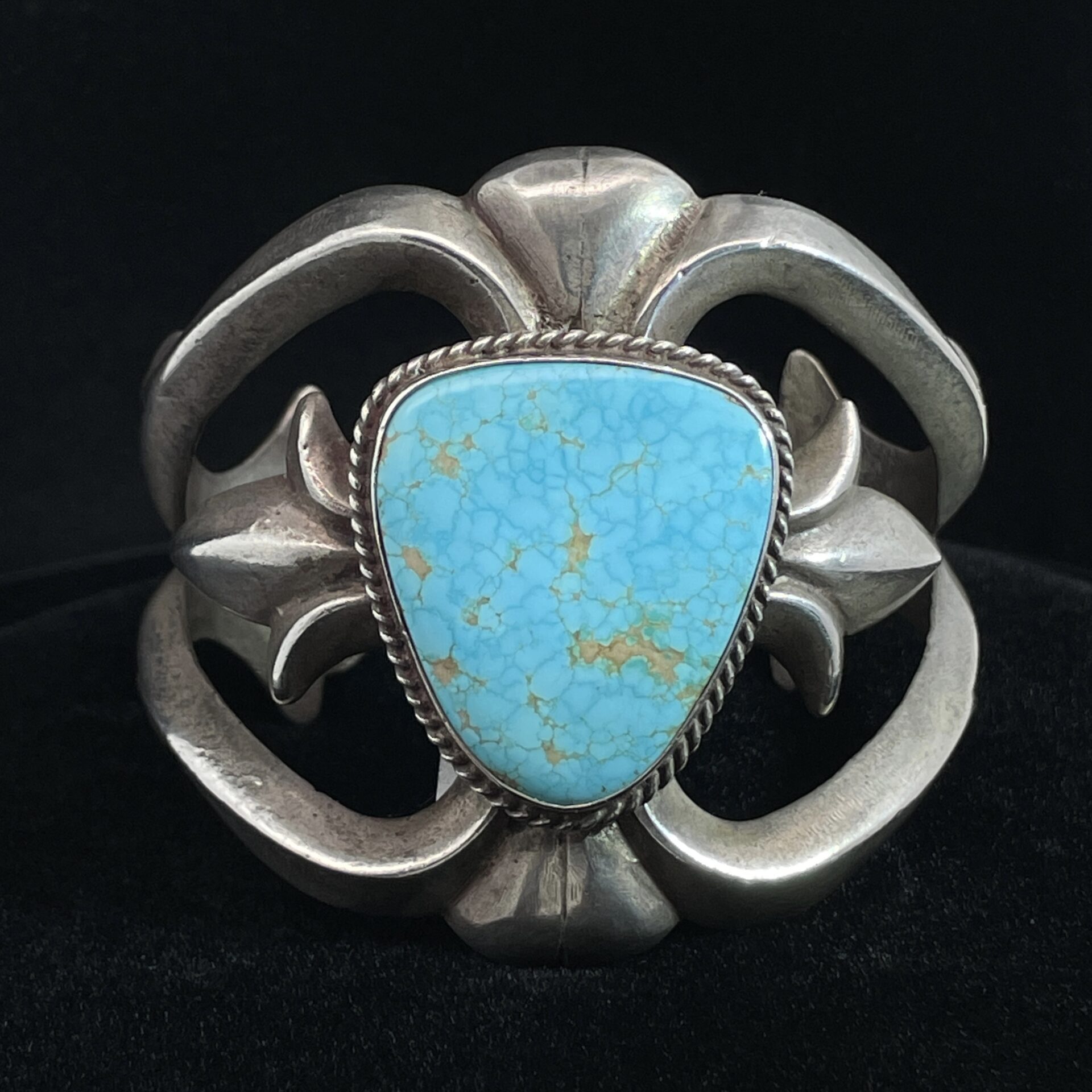 Native American Sand Cast Sterling Silver Cuff Bracelet with Trillion Turquoise