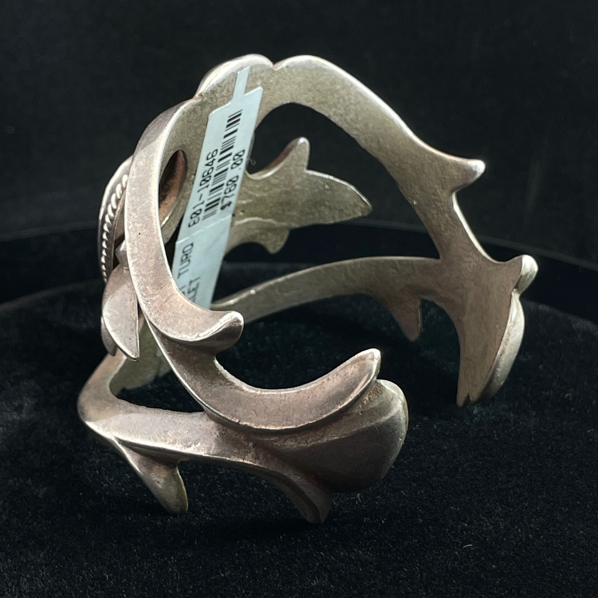 Native American Sand Cast Sterling Silver Cuff Bracelet with Trillion Turquoise - Image 5