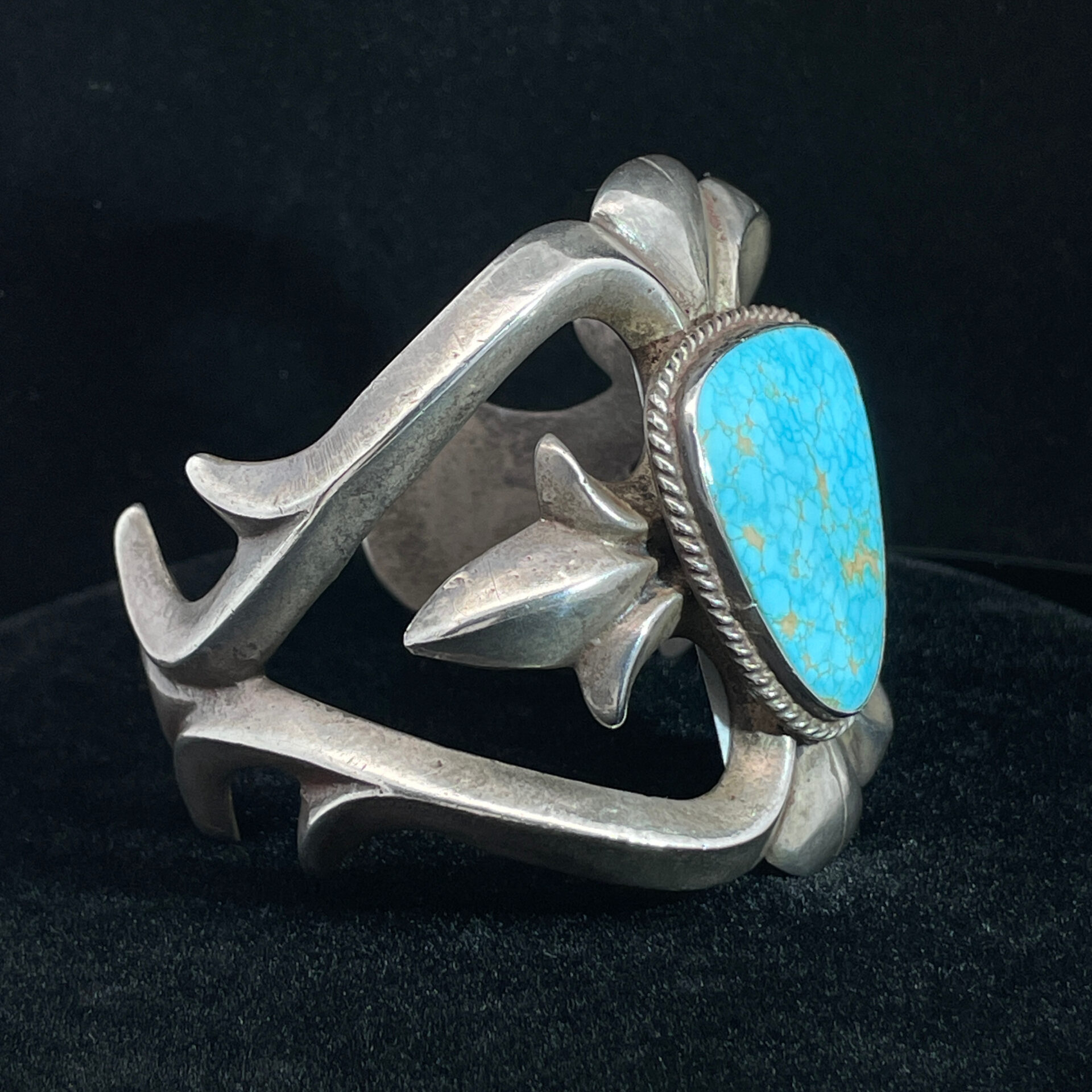 Native American Sand Cast Sterling Silver Cuff Bracelet with Trillion Turquoise - Image 3