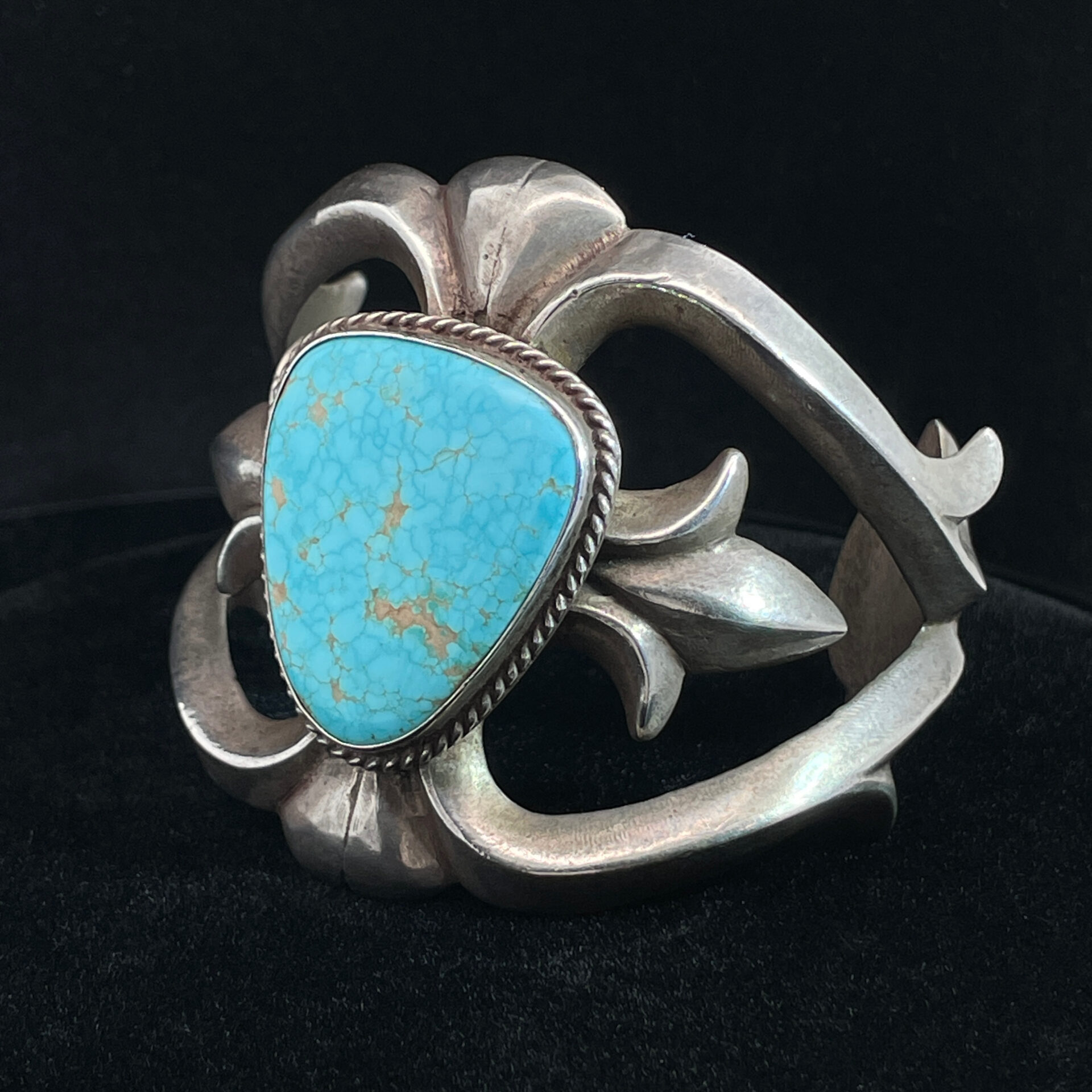 Native American Sand Cast Sterling Silver Cuff Bracelet with Trillion Turquoise - Image 2