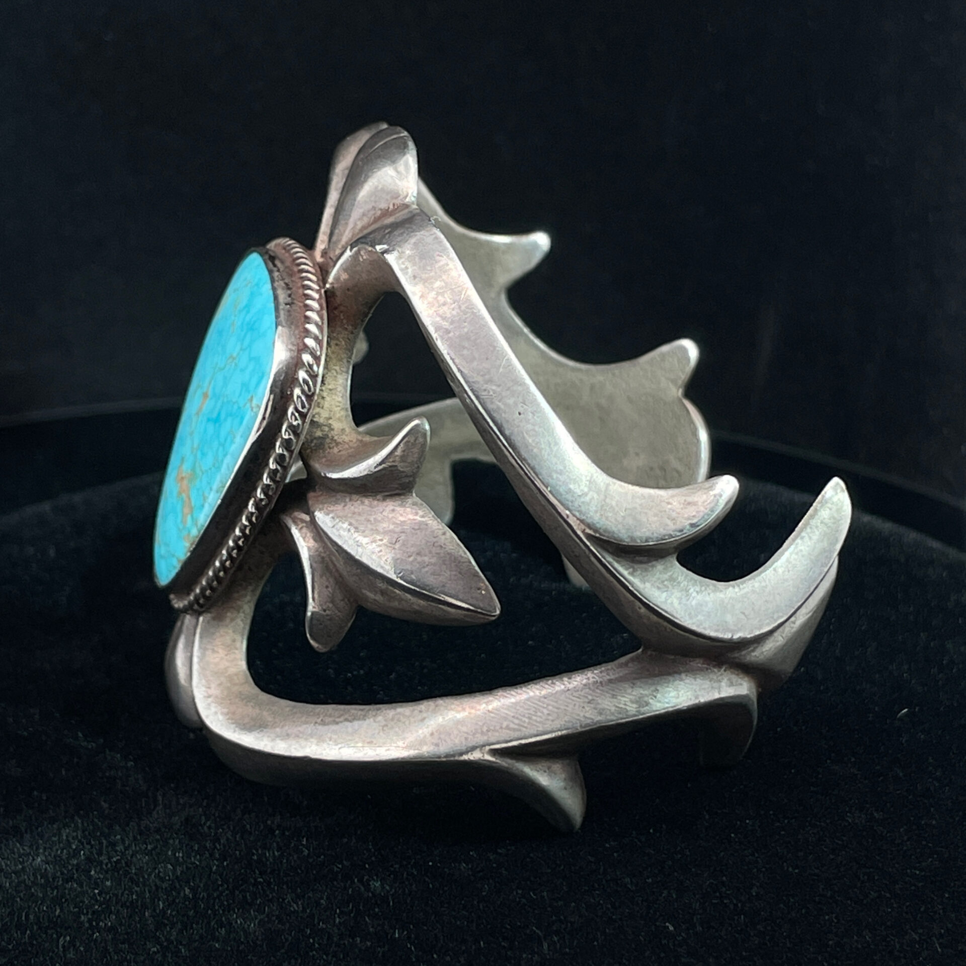 Native American Sand Cast Sterling Silver Cuff Bracelet with Trillion Turquoise - Image 6